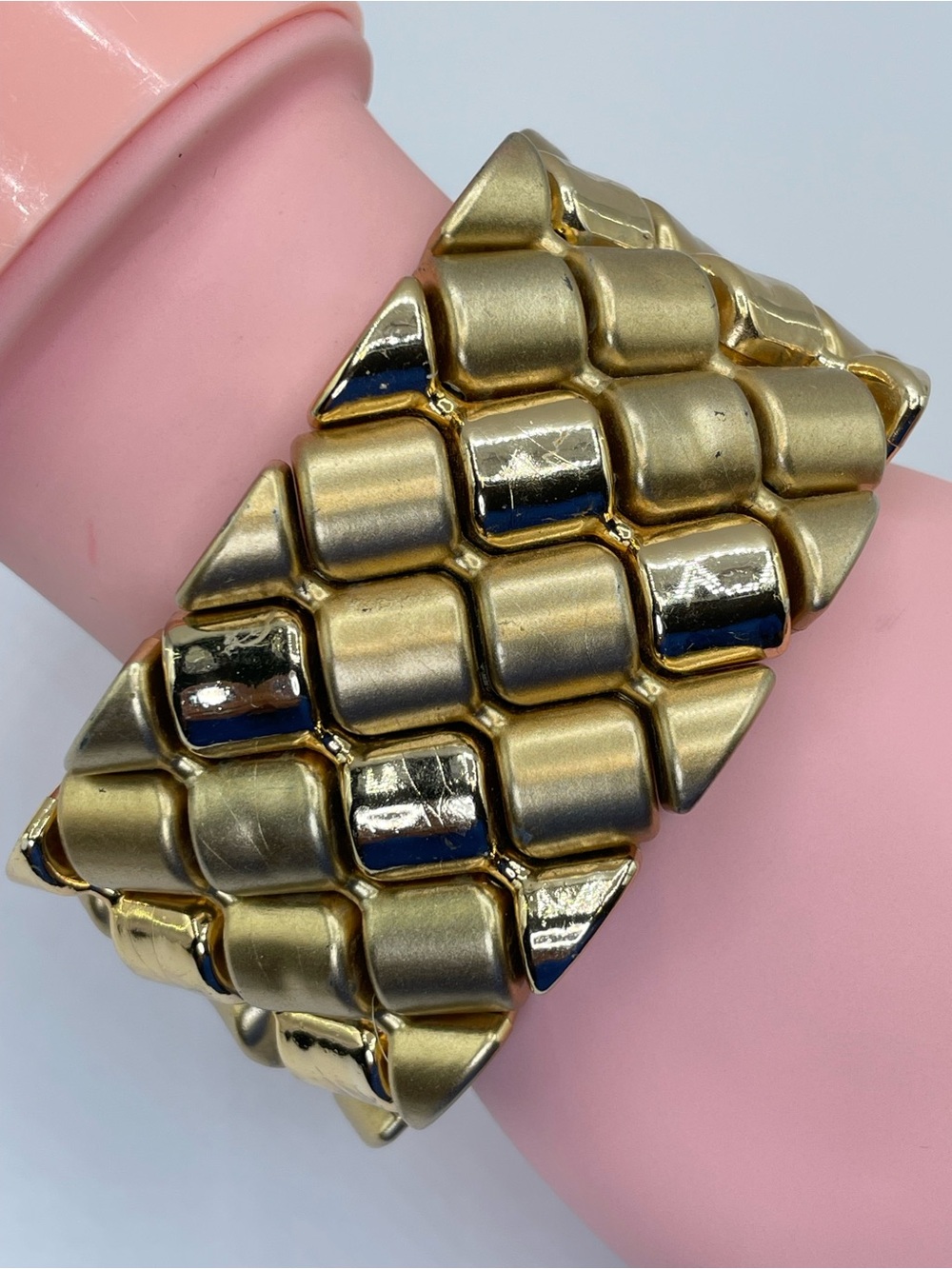 Gold Tone Acrylic Geometric Beaded Wide Stretch Statement Bracelet